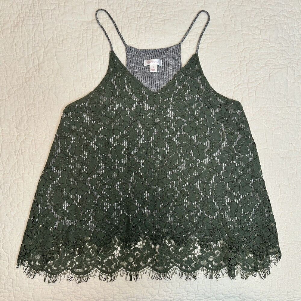 XHILARATION Womens Size Small Green Lace Over Gray Ribbed Tank Cami Top